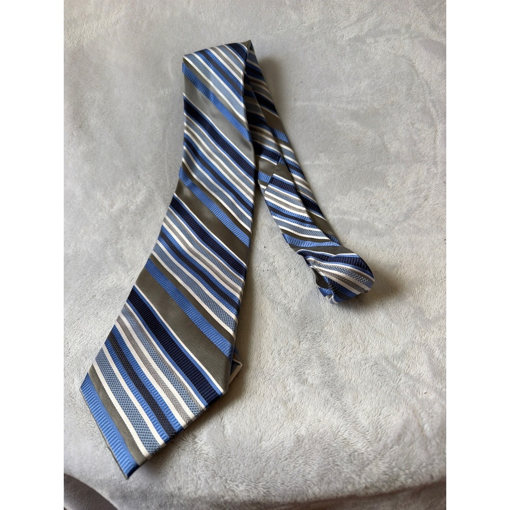 Stacy Adams Necktie Mens OS Blue Grey Excellent Silk Striped Grande Knot Tie